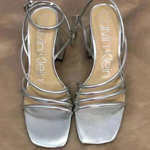 Calvin Klein Womens Quen Silver Leather Ankle Strap Heels Size 8.5